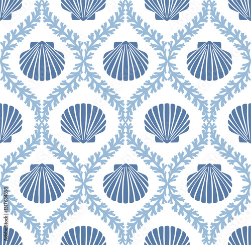 Coastal seamless pattern, Coastal digital print, coral, seashell, coral damask, coastal medallion, vector file
