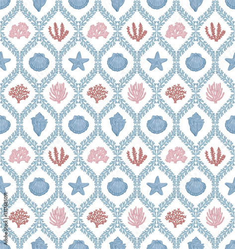 Coastal seamless pattern, Coastal digital print, coral, seashell, coral damask, coastal medallion, vector file