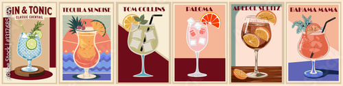 A series of colorful posters of cocktails. Popular alcohol drinks vector illustrations set