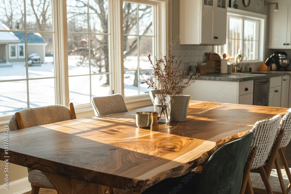 Sunny kitchen with wood table, chairs, window, and snowy landscape visible Sunny kitchen with wood table, chairs, window, and snowy landscape visible