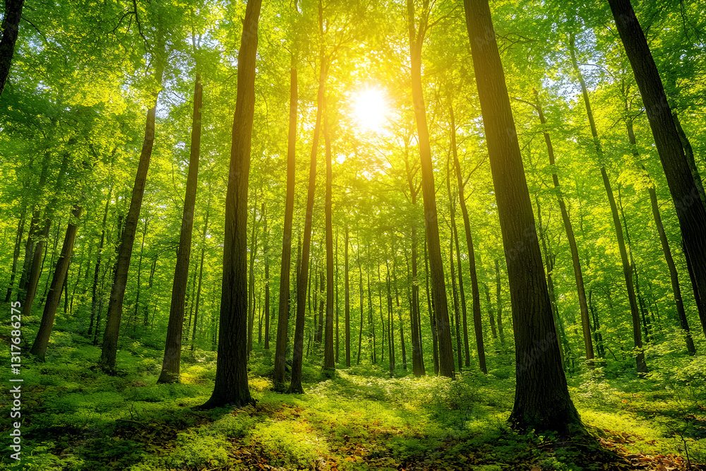 Fototapeta premium Sunlit Serenity in the Forest: A Harmonious Dance of Light and Shadow under Towering Trees