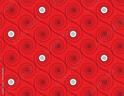 Red gift wrap paper with a pattern of interconnected spirals and circles, for textile, wallpaper, gift wrapping.
