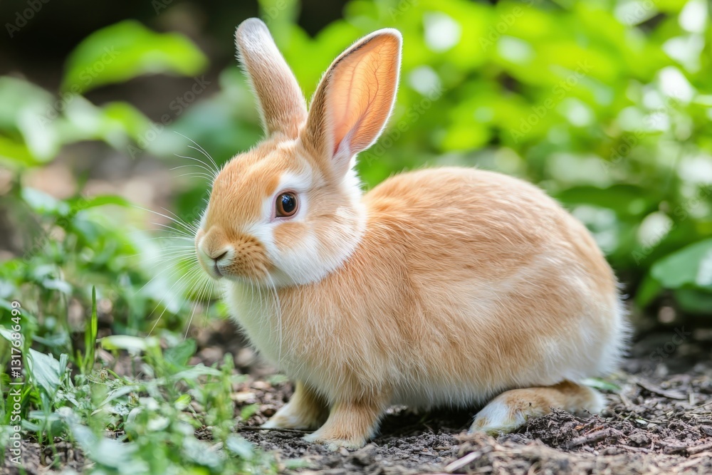 Cute red bunny exploring green garden in springtime Cute red bunny exploring green garden in springtime