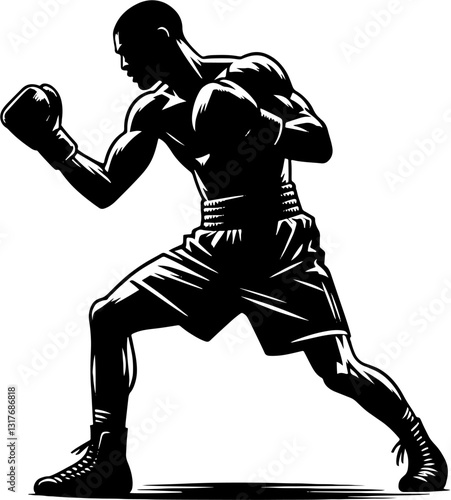 Boxer Throwing An Uppercut, Black And White Boxing Silhouette