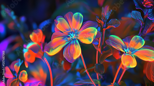 Fleurs phosphorescentes, fluorescentes. Fluorescent Dreams. Illustration
