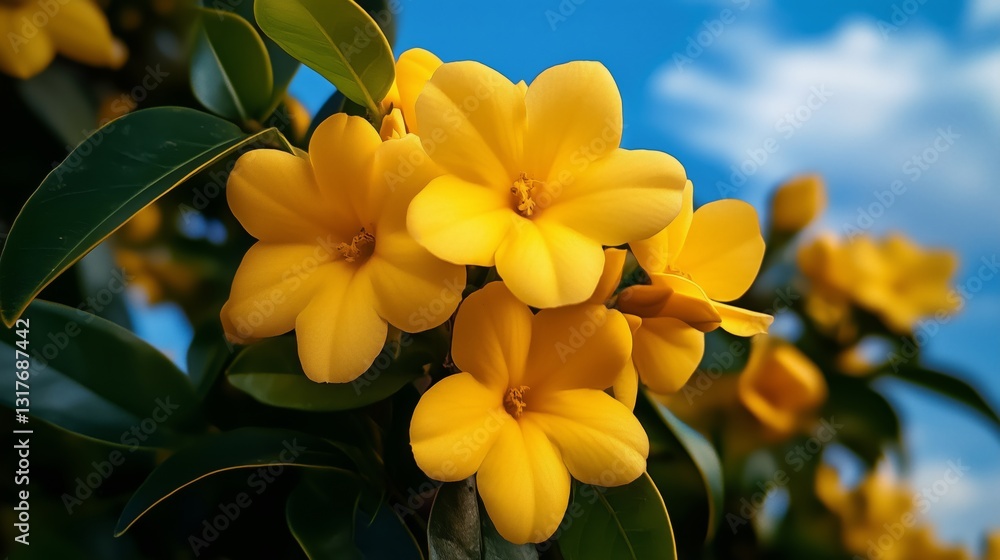 Obraz premium Golden Blossoms Under Blue Skies: Vibrant yellow flowers bloom, their petals radiant against the clear blue sky, evoking a sense of warmth, vitality, and the beauty of nature. 