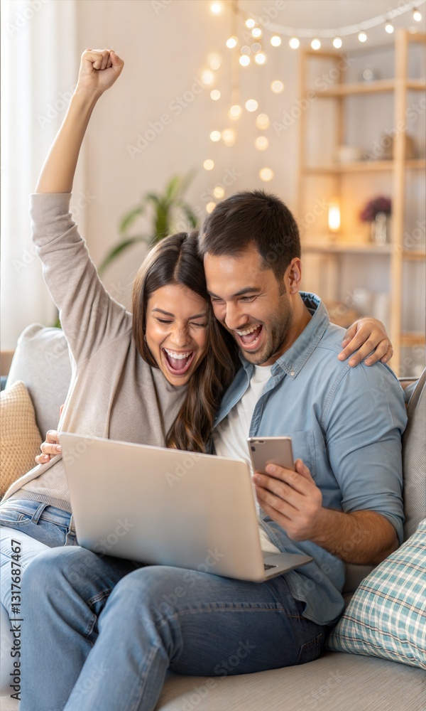 Fototapeta premium Happy Young Couple Celebrating Good News on Laptop at Home 