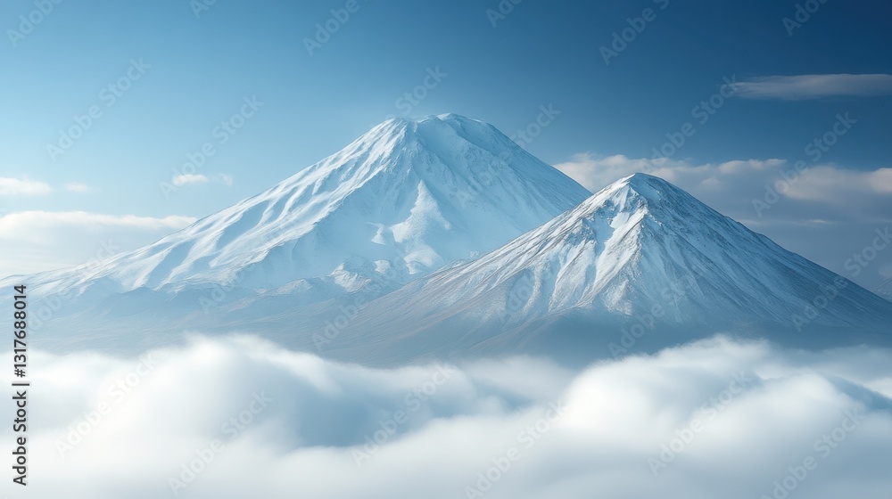 Mountain peaks with snow above the clouds. Blue sky landscape with bright light. Serene scene of nature. Winter mountain tops in peaceful environment.
