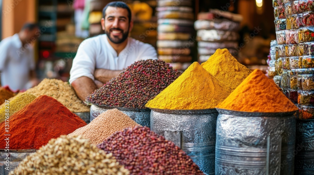 Obraz premium Market stall with spices. Vendor showing different colorful piles of seasoning. Variety of dry goods on sale. Authentic food ingredient choices.
