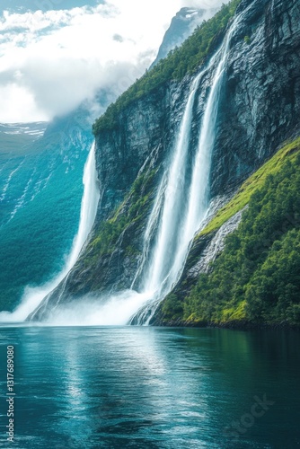 Seven Sisters Waterfall, Geiranger Fjord, Norway. Nature in fjords. Panoramic view. Traveling on a Norwegian fjord. Scandinavia. Vacation and travel in summer Norway.