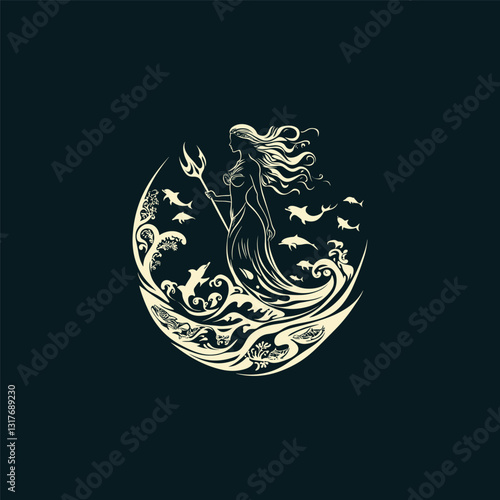 Mermaid holding trident in ocean design vector template illustration