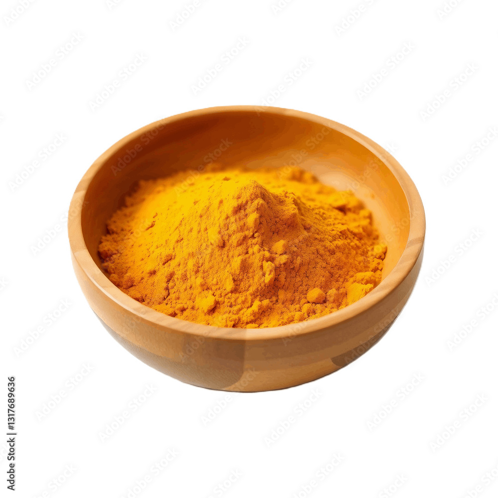Image features a close-up view of a wooden bowl filled with a finely ground yellowish-brown spice, likely curry powder. The bowl is made of light-colored wood with a smooth finish and a simple, rounde Image features a close-up view of a wooden bowl filled with a finely ground yellowish-brown spice, likely curry powder. The bowl is made of light-colored wood with a smooth finish and a simple, rounde