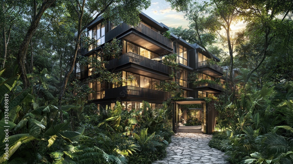 Modern building enveloped by lush greenery, stone pathway, warm interior light Modern building enveloped by lush greenery, stone pathway, warm interior light