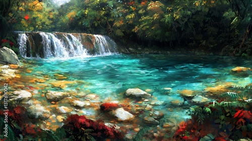 Tranquil Waterfall in Lush Forest Pool