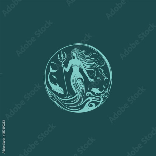 Mermaid holding trident in ocean design vector template illustration