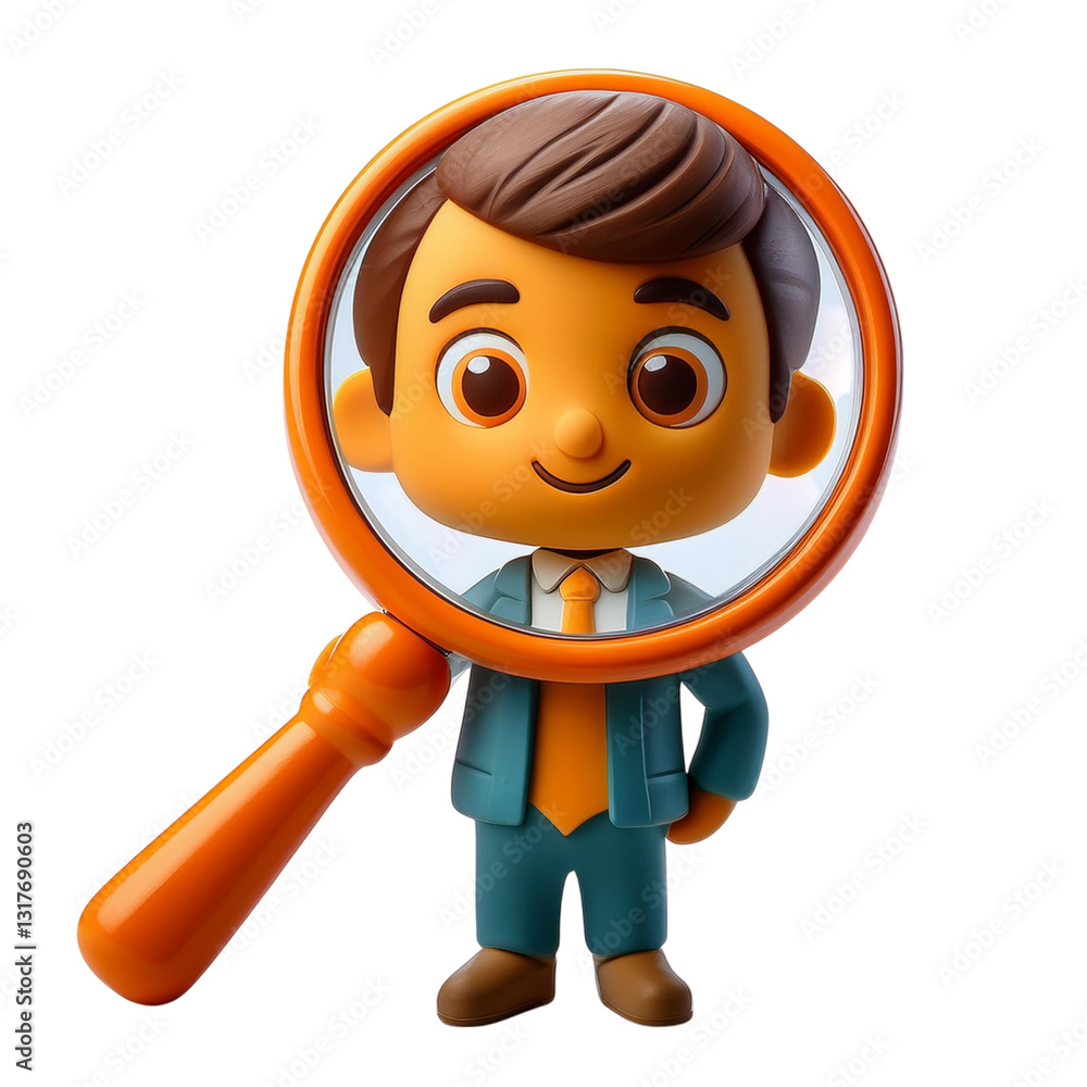 Happy cartoon character with magnifying glass in business attire, Isolated On transparent Background Happy cartoon character with magnifying glass in business attire, Isolated On transparent Background