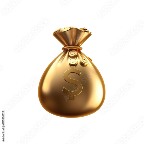 3D glossy money bag icon, gold and silver toned, coins spilling out, Isolated on a transparent PNG background