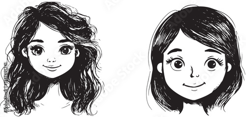 two sketch hand-drawn portraits of doodle women