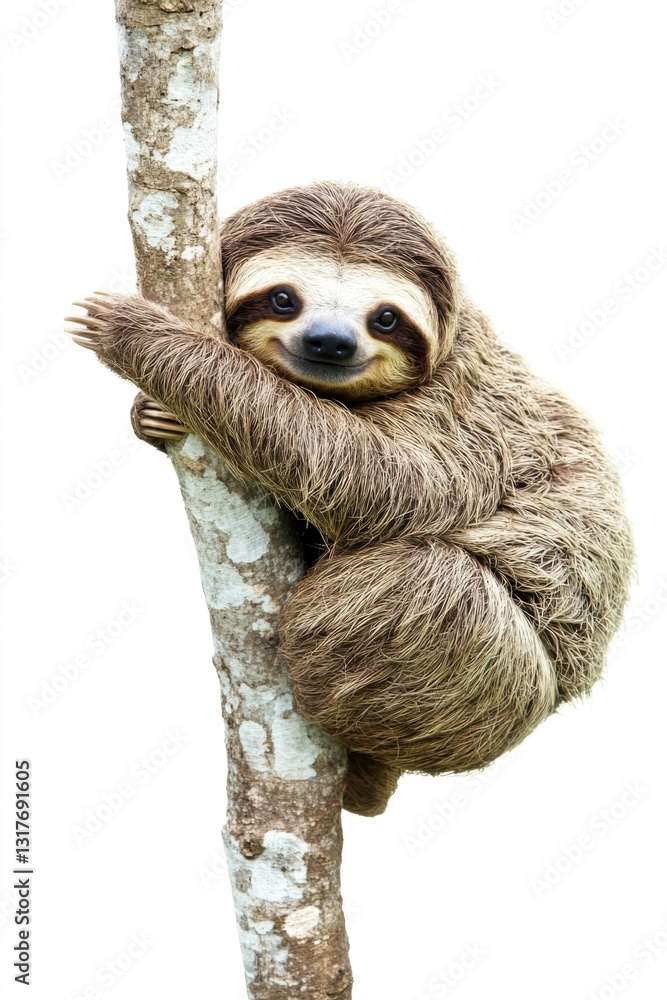 Fototapeta premium Sloth, Animal of Costa Rica on white background, isolated, funny animal hanging on tree branch scratching belly, cute, funny and chilled