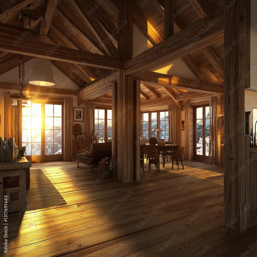 Rustic wooden interior with sunlight streaming in. Cozy, warm, and inviting Rustic wooden interior with sunlight streaming in. Cozy, warm, and inviting