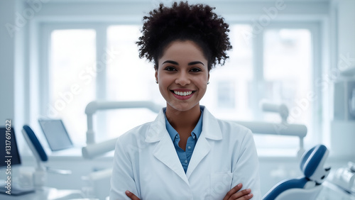 Confident young dentist with crossed arms smiles inside a modern, well-lit dental office.