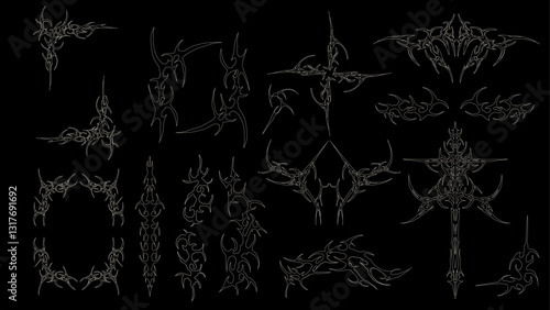 Cyber sigilism, neo tribal tattoo, cyber gothic streetwear elements designs
