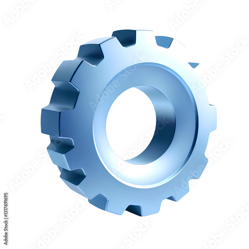 3D gear icon, metallic silver and blue, Isolated on a transparent PNG background