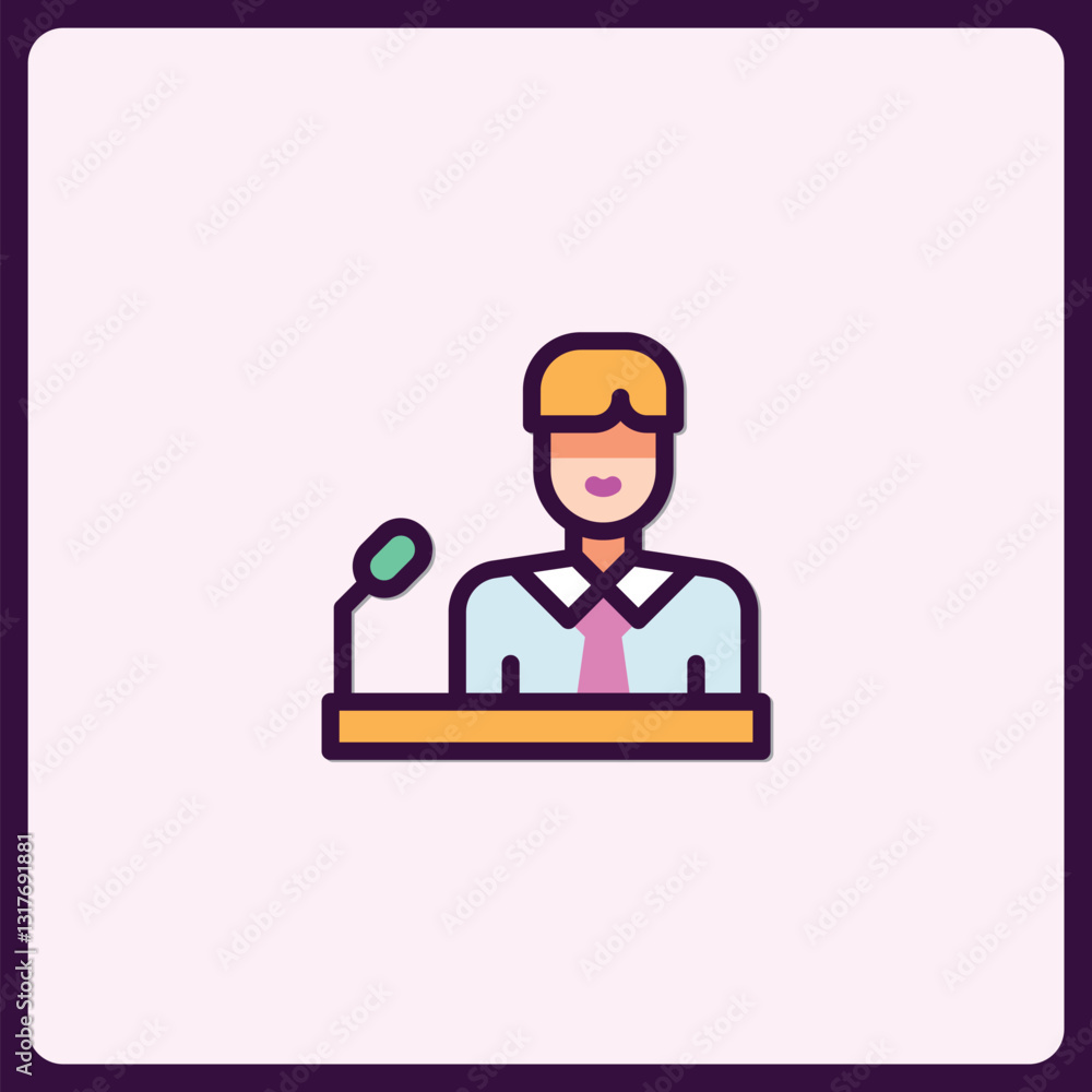 Stylized presentation icon depicting a speaker behind a podium emblem Stylized presentation icon depicting a speaker behind a podium emblem