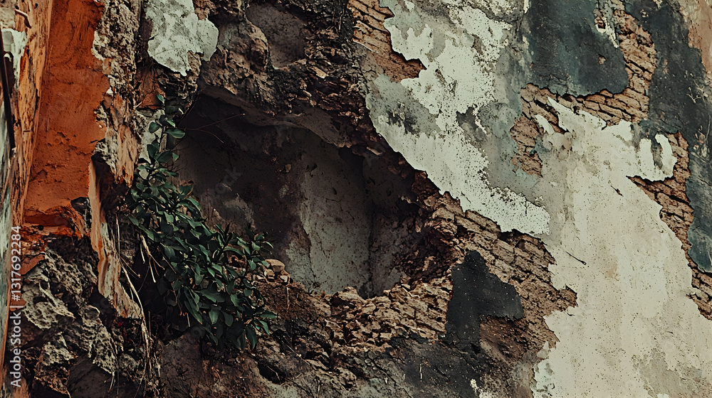 Fototapeta premium Weathered brick wall with plant growing through hole, urban decay background, architectural texture