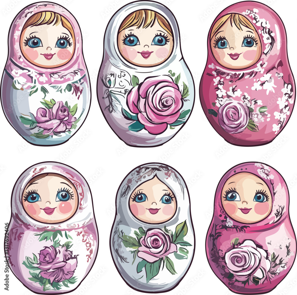 set of hand-drawn matryoshka dolls, rubber stamps set of hand-drawn matryoshka dolls, rubber stamps