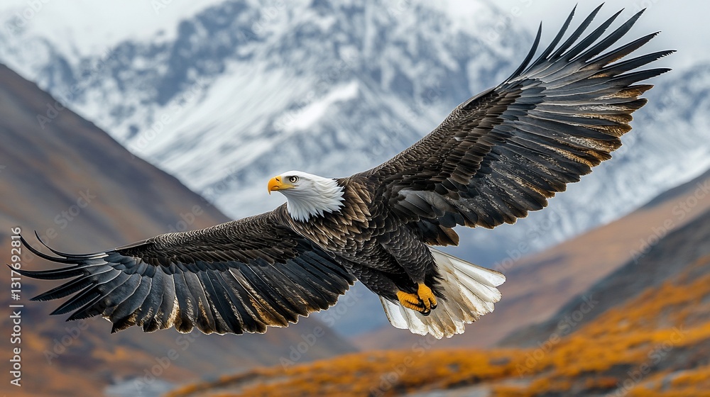 Majestic bald eagle in flight over autumnal mountains.