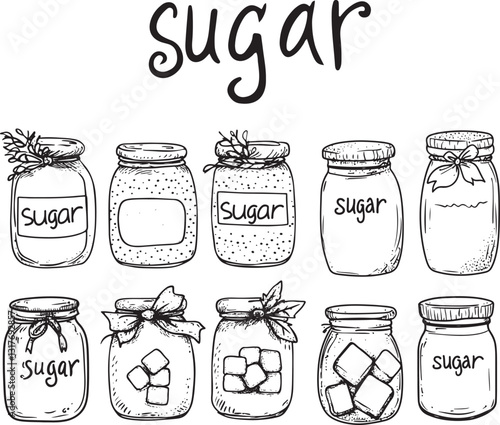 Set of hand-drawn doodle vector adorable jars of sugar rubber stamps