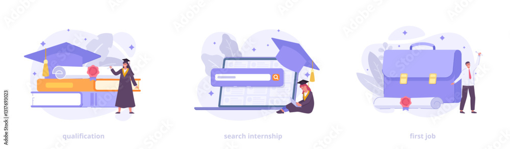 Job search after graduation and internship hunting. Career growth, first job, and skill improvement. Flat icon set for landing page, website, banner, or print. Vector illustration collection. Job search after graduation and internship hunting. Career growth, first job, and skill improvement. Flat icon set for landing page, website, banner, or print. Vector illustration collection.
