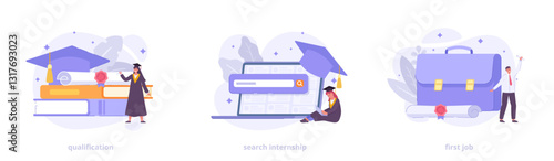 Job search after graduation and internship hunting. Career growth, first job, and skill improvement. Flat icon set for landing page, website, banner, or print. Vector illustration collection.
