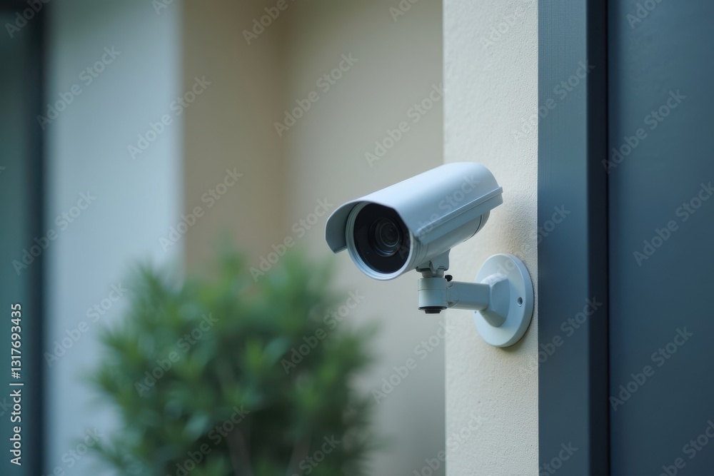Security camera mounted on building exterior Security camera mounted on building exterior