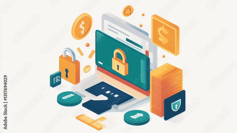 Digital illustration of secure online transactions with a laptop, money, and security symbols in a modern setting Digital illustration of secure online transactions with a laptop, money, and security symbols in a modern setting
