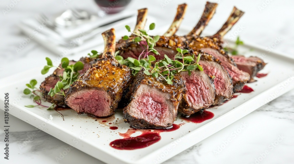 Grilled rack of lamb, medium rare, on white plate with garnish Grilled rack of lamb, medium rare, on white plate with garnish