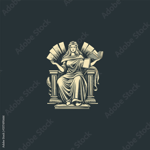 goddess sitting on throne holding book design vector template illustration