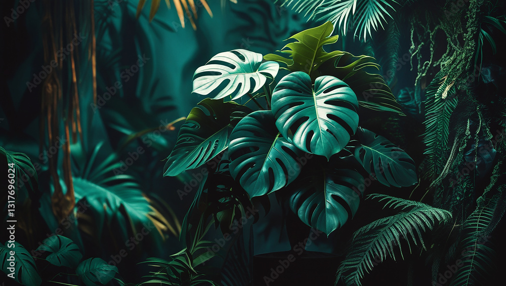 Fototapeta premium Monstera green leaves or Monstera Deliciosa in dark tones(Monstera, palm, rubber plant, pine, bird’s nest fern), background or green leafy tropical pine forest patterns for creative design elements. 