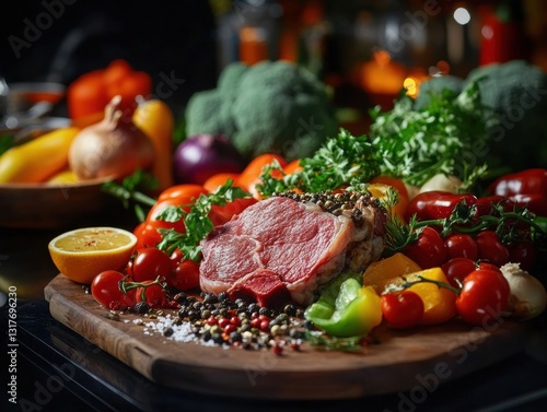 Fresh vegetables and meats arranged artistically on a wooden board for a meal preparation photo