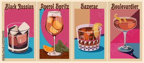 Four different cocktails are shown in a poster, each with a different colored glass. The poster is designed to showcase the variety of drinks available at a bar or restaurant