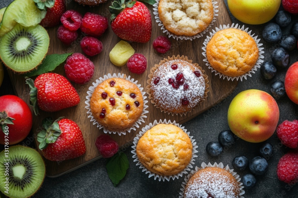 Delicious homemade muffins lying on wooden board with fresh fruits and berries Delicious homemade muffins lying on wooden board with fresh fruits and berries