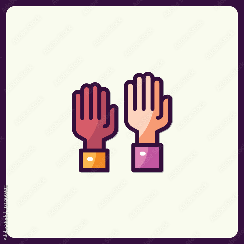 Diverse hands raised in collaborative harmony, unity and equal rights icon Diverse hands raised in collaborative harmony, unity and equal rights icon