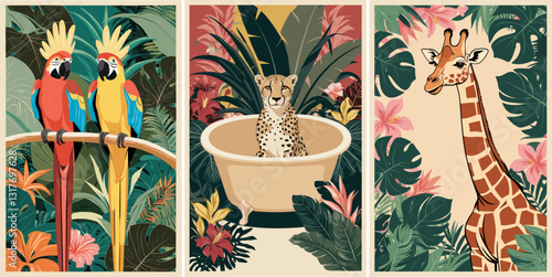 Set of Jungle retro posters. Parrots, giraffe, cheetah in the bathtub. Trendy vintage style wall art, card, print template in vivid, bright colors. Vector flat illustrations. 