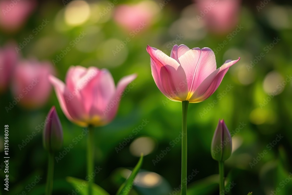 Pink tulips blooming in spring sunlight: close-up of elegant flowers Pink tulips blooming in spring sunlight: close-up of elegant flowers