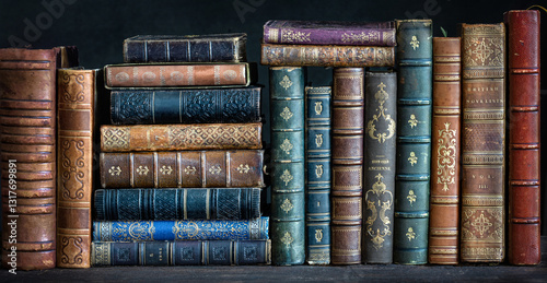 Old books on wooden shelf. Tiled Bookshelf background.  Concept on the theme of history, nostalgia, old age. Retro style.