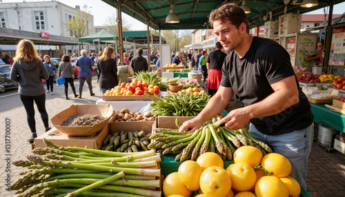 Man arranging fresh vegetables at bustling market stall