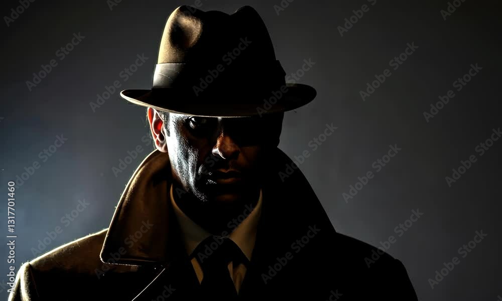 Mysterious silhouette of man wearing fedora and trench coat Mysterious silhouette of man wearing fedora and trench coat