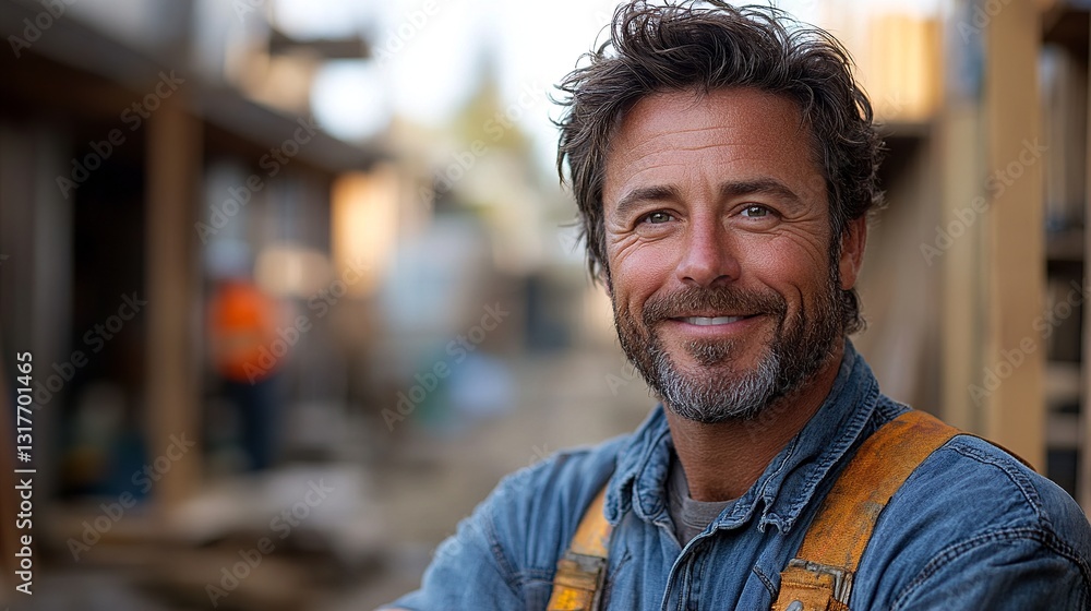 Smiling Construction Worker: Confident middle-aged man with a beard wearing work clothes at a construction site, looking ahead. Smiling Construction Worker: Confident middle-aged man with a beard wearing work clothes at a construction site, looking ahead.