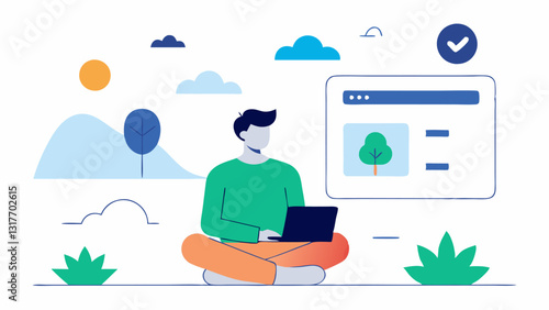Mindfulness Reminder A developer creating a feature for mindfulness exercises in the platform with relaxing visuals and nature icons appearing on their design board.